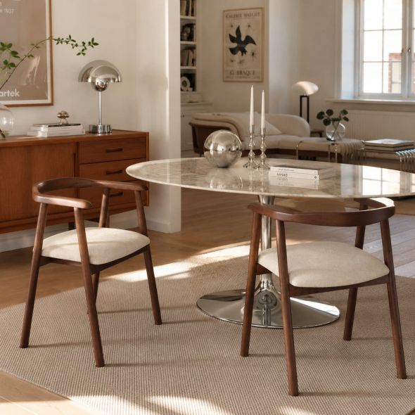 Lot de 2 chaises LORENZ chêne massif couleur noyer et tissu beige