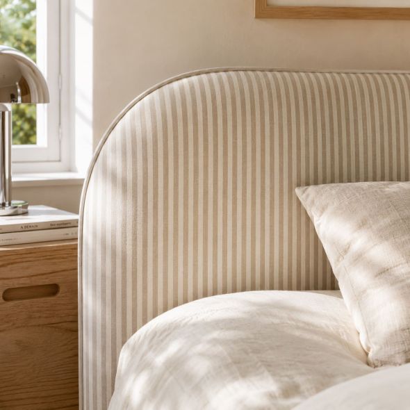 Tête de lit LOUISON tissu lin rayé blanc et beige 90 cm