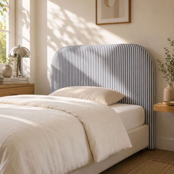 Tête de lit LOUISON tissu lin rayé blanc et bleu 90 cm