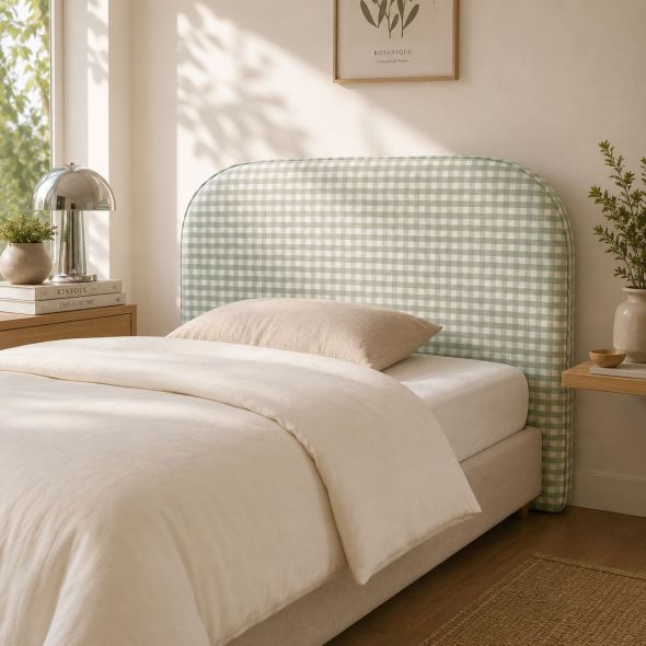 Tête de lit LOUISON tissu vichy vert et blanc 90 cm