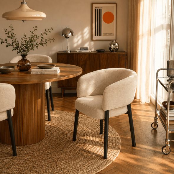 Fauteuil de table ABELIA velours beige et pieds métal noir