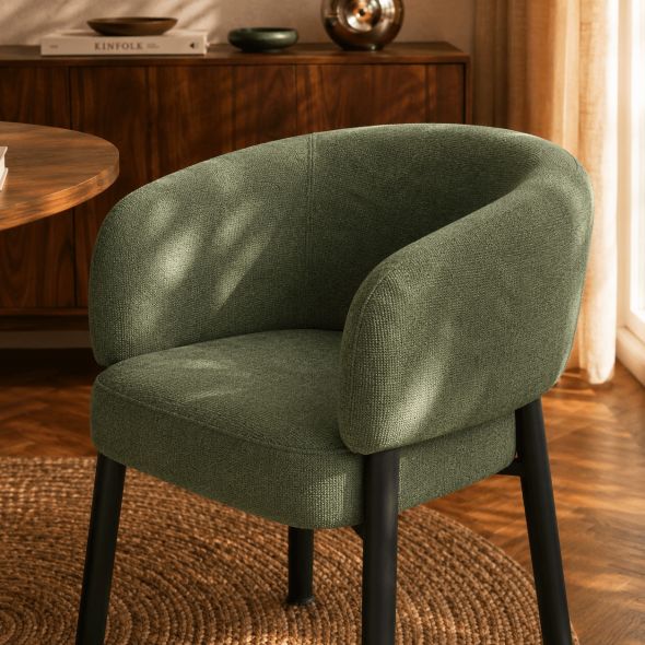 Fauteuil de table ABELIA velours tramé vert et pieds métal noir