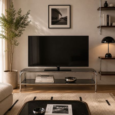 Meuble TV MAGGY verre trempé noir et structure en chrome 160cm
