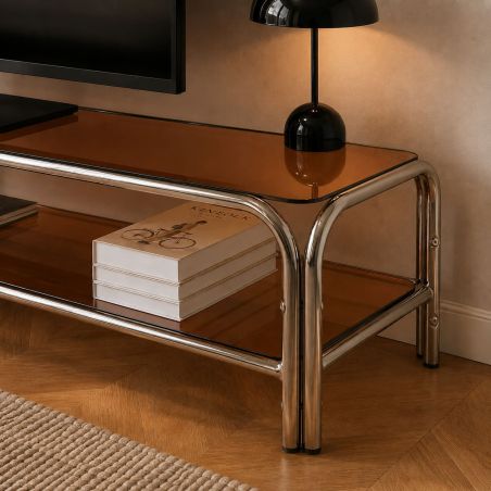 Meuble TV MAGGY verre trempé orange et structure en chrome 160cm