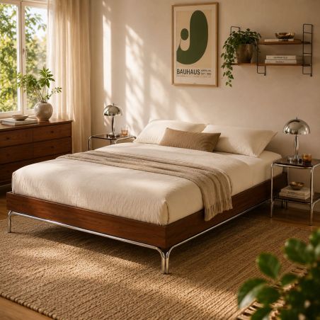 Lit MAGGY 140x190 placage noyer et pieds métal chromé sommier inclus