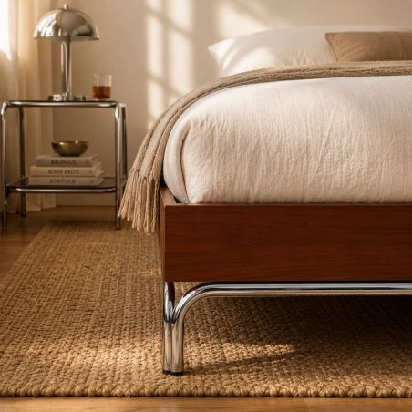 Lit MAGGY 160x200 placage noyer et pieds métal chromé sommier inclus