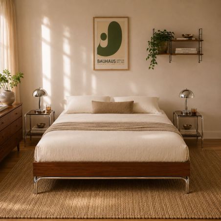 Lit MAGGY 160x200 placage noyer et pieds métal chromé sommier inclus