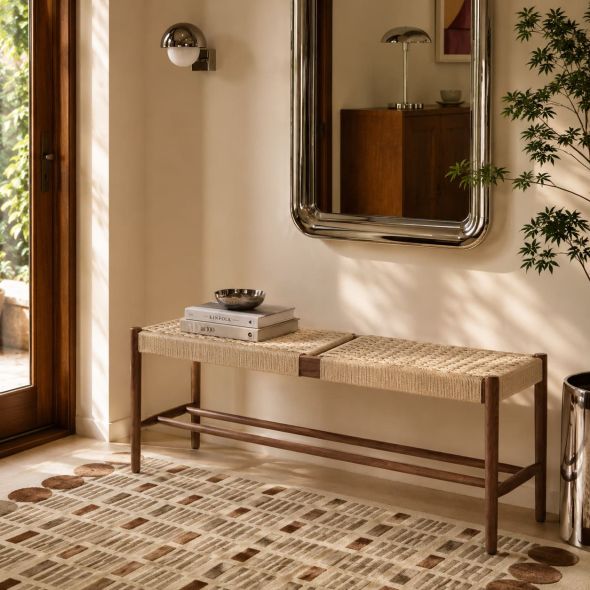 Banc MOTTO chêne massif couleur noyer et corde 120cm