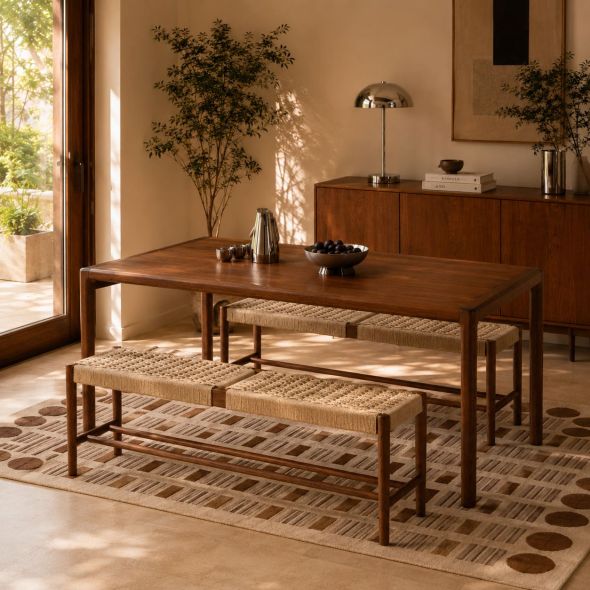 Banc MOTTO chêne massif couleur noyer et corde 120cm