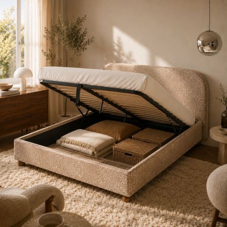 Lit coffre PILKA 160x200 tissu jacquard léopard beige sommier inclus