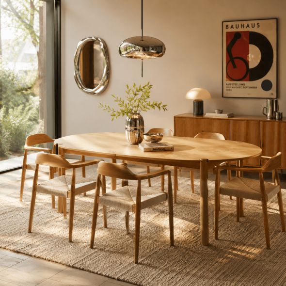 Table de séjour extensible MOON ronde placage chêne 120-200cm