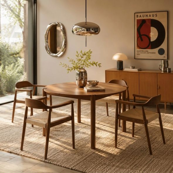 Table de séjour extensible MOON ronde placage chêne couleur noyer 120-200cm