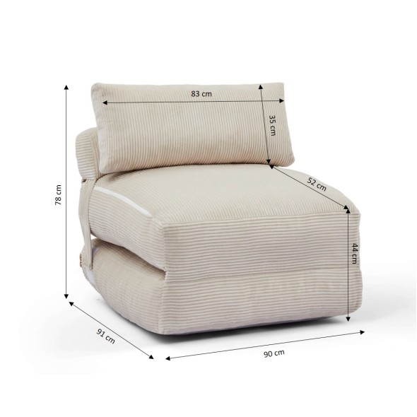 Fauteuil convertible compressé NYX en mousse 1 place velours côtelé beige