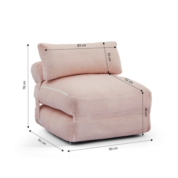 Fauteuil convertible compressé NYX en mousse 1 place velours côtelé rose