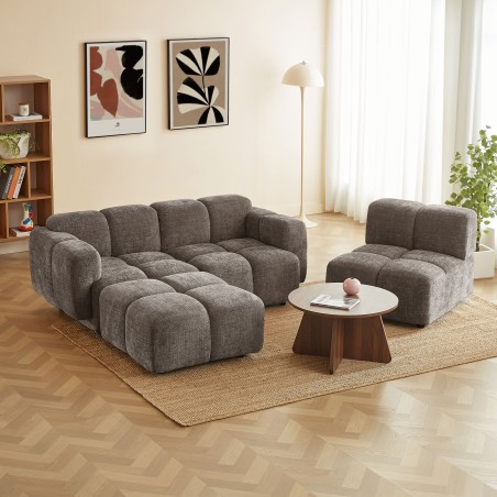 Canapé d'angle modulable ALENO 4 places tissu velours texturé marron