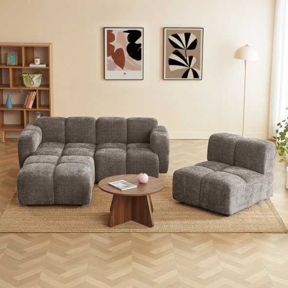 Canapé d'angle modulable ALENO 4 places tissu velours texturé marron