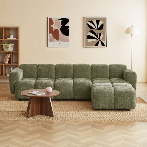 Canapé d'angle modulable ALENO 4 places tissu velours texturé vert