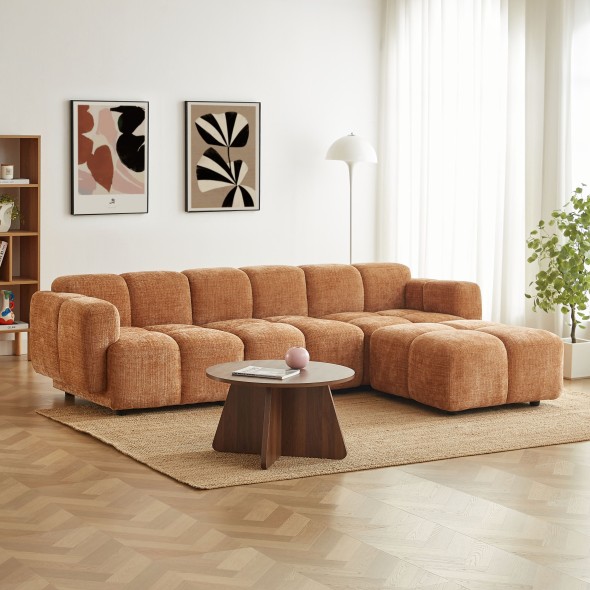 Canapé d'angle modulable ALENO 4 places tissu velours texturé terracotta
