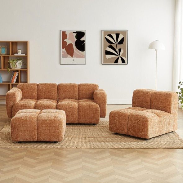 Canapé d'angle modulable ALENO 4 places tissu velours texturé terracotta