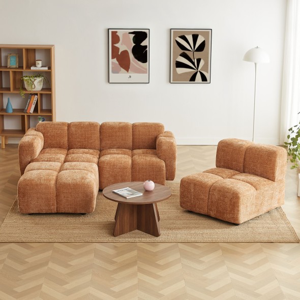 Canapé d'angle modulable ALENO 4 places tissu velours texturé terracotta