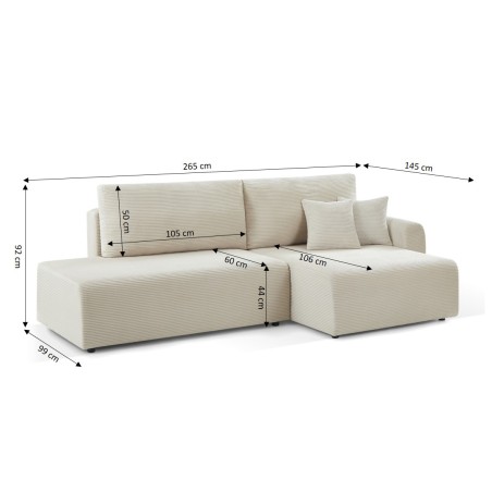 Canapé d'angle droit ouvert convertible DANILO 4 places velours côtelé beige