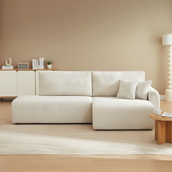 Canapé d'angle droit ouvert convertible DANILO 4 places velours côtelé beige