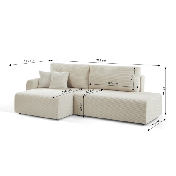 Canapé d'angle gauche ouvert convertible DANILO 4 places velours côtelé beige