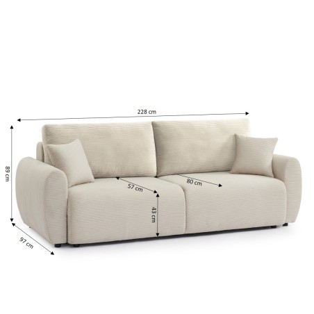 Canapé droit convertible 3 places DANILO velours côtelé beige