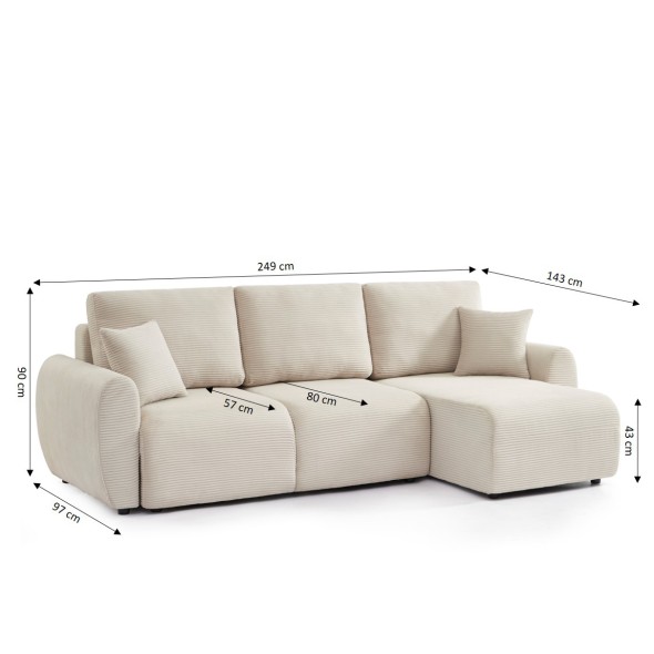 Canapé d'angle convertible et réversible 4 places DANILO velours côtelé beige