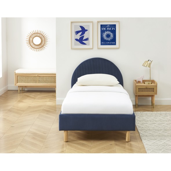 Lit enfant MAGNUS velours cotelé bleu nuit sommier 90x190 inclus