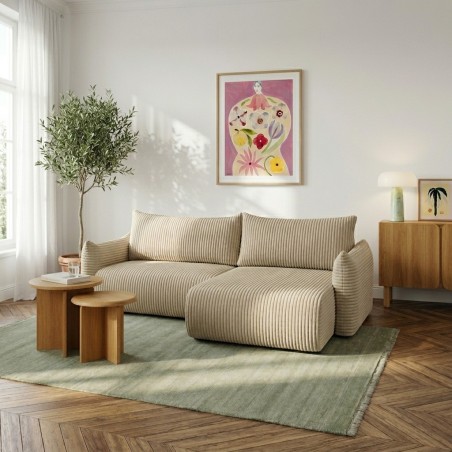 Canapé d'angle convertible et réversible GLORIA 4 places velours côtelé beige