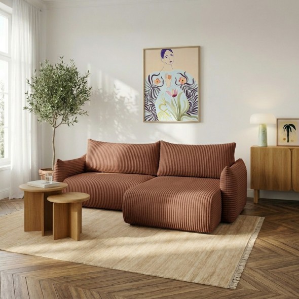 Canapé d'angle convertible et réversible GLORIA 4 places velours côtelé terracotta