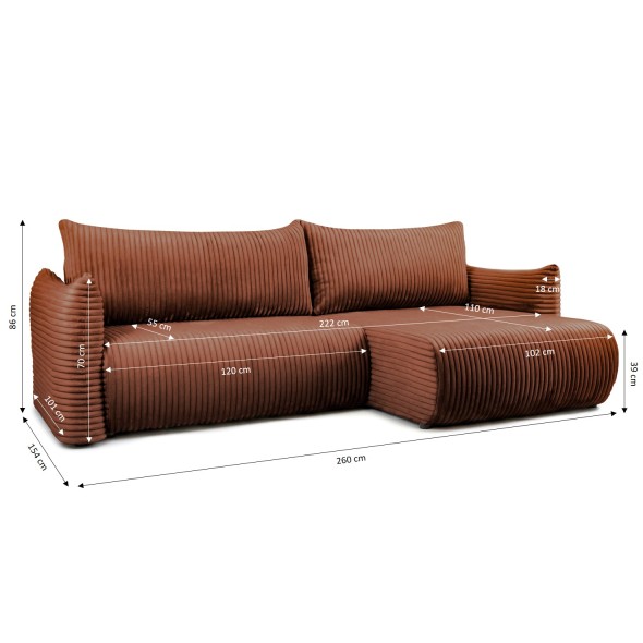 Canapé d'angle convertible et réversible GLORIA 4 places velours côtelé terracotta
