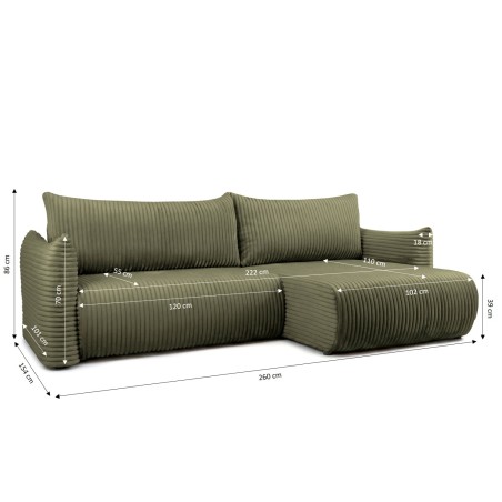 Canapé d'angle convertible et réversible GLORIA 4 places velours côtelé vert kaki