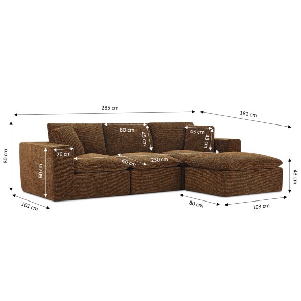 Canapé modulaire compressé KENA 4 places tissu bouclette zebré marron
