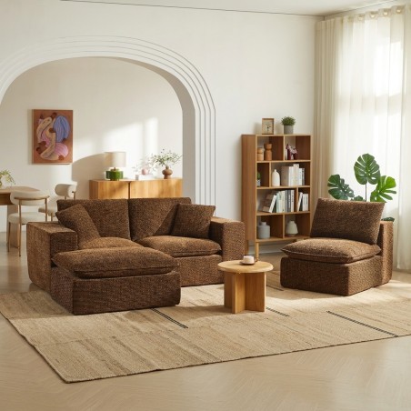 Canapé modulaire compressé KENA 4 places tissu bouclette zebré marron