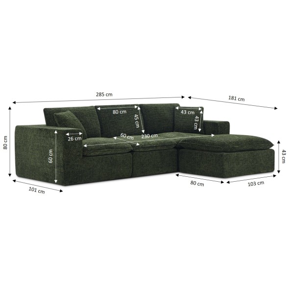 Canapé modulaire compressé KENA 4 places tissu bouclette zebré vert