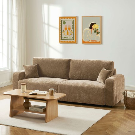 Canapé droit convertible LIVIO 3 places tissu marron
