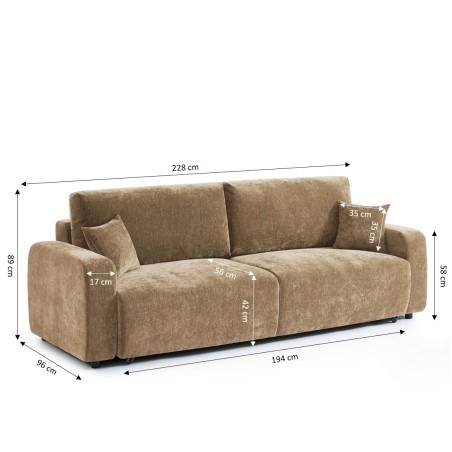 Canapé droit convertible LIVIO 3 places tissu marron
