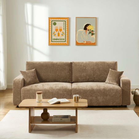 Canapé droit convertible LIVIO 3 places tissu marron
