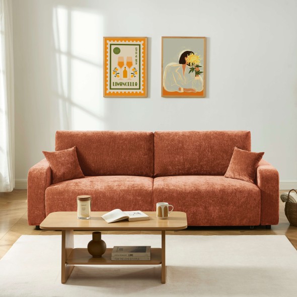 Canapé droit convertible LIVIO 3 places tissu terracotta
