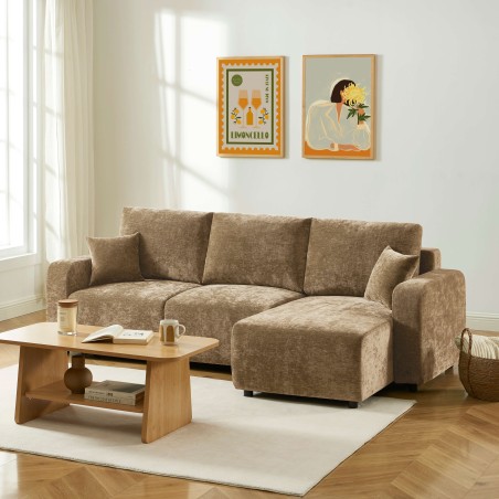 Canapé d'angle convertible et réversible LIVIO 4 places tissu marron