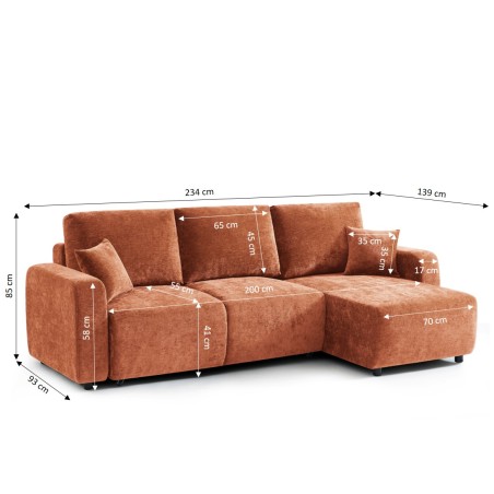 Canapé d'angle convertible et réversible LIVIO 4 places tissu terracotta