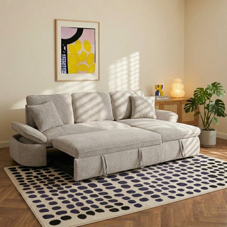 Canapé d'angle convertible et réversible LORMA 4 places tissu chenille tramé beige