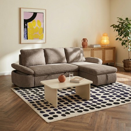 Canapé d'angle convertible et réversible LORMA 4 places tissu chenille tramé marron