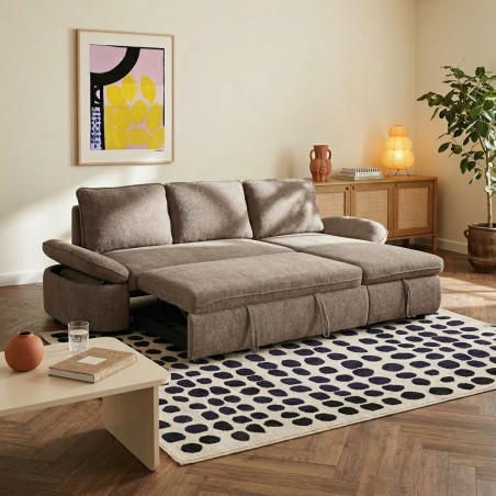 Canapé d'angle convertible et réversible LORMA 4 places tissu chenille tramé marron