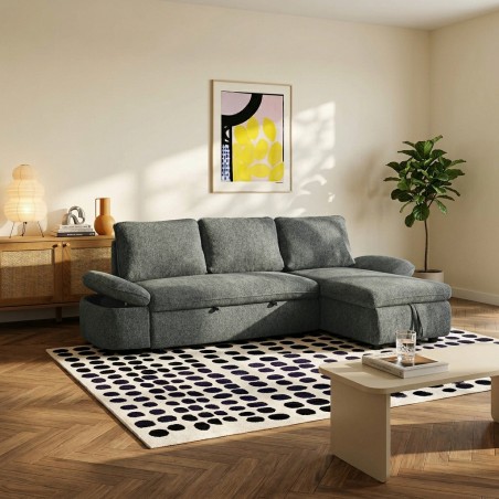 Canapé d'angle convertible et réversible LORMA 4 places tissu chenille tramé vert