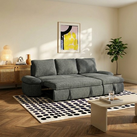 Canapé d'angle convertible et réversible LORMA 4 places tissu chenille tramé vert