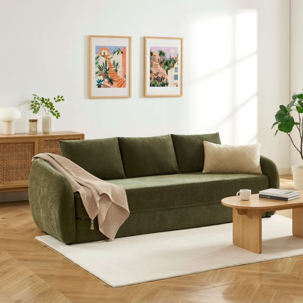Canapé droit PAZ déplimousse 3 places tissu chenille vert
