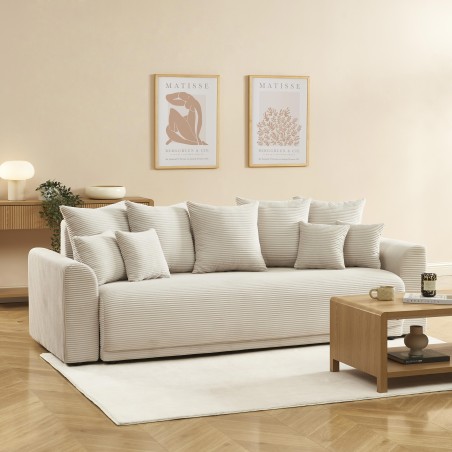 Canapé droit convertible 3 places SOLINE velours côtelé beige